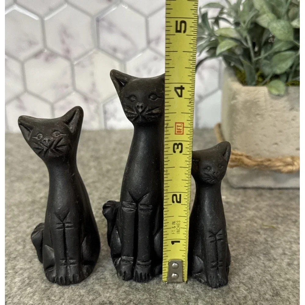 Vtg Black Clay Long Neck Tall Cat Lot Of 3 Shelf Sitter Figurines 4 To 2.25 In